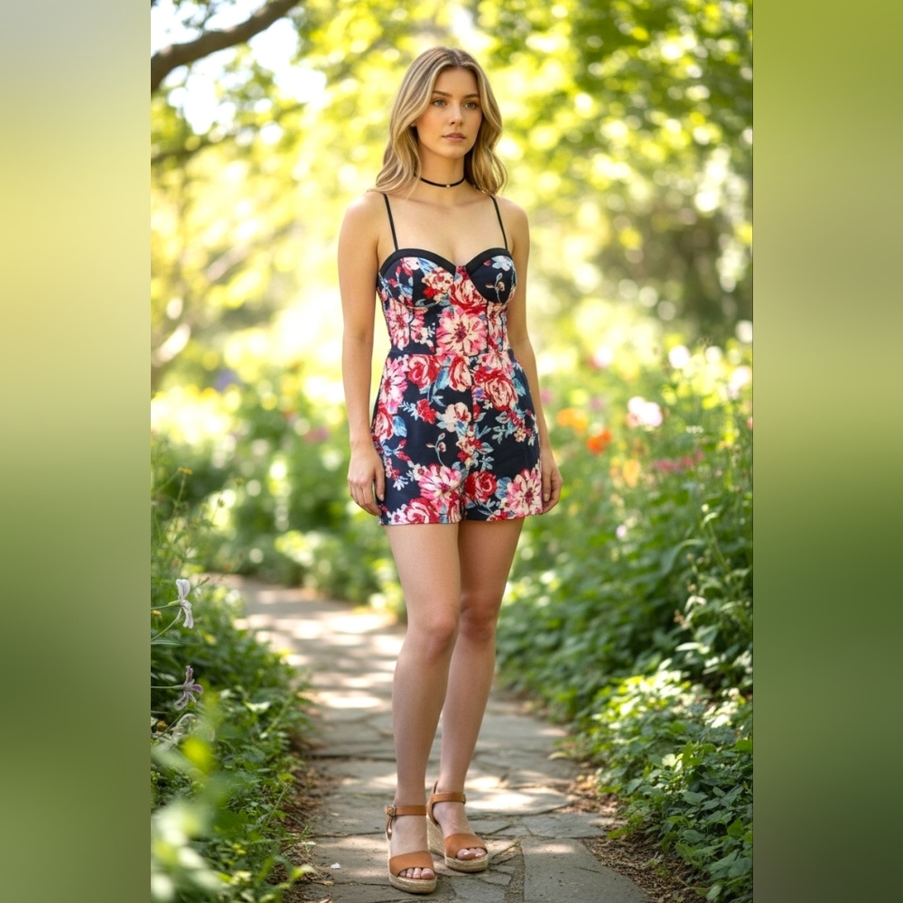 BAND OF GYPSIES Sweetheart Floral Mini Corset Romper Adj Straps Pockets NWT SM